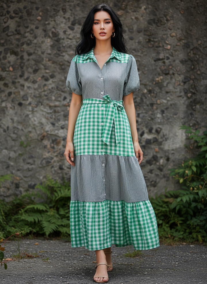 Vestido Casual Cuello Sport y Manga Corta de Tela Cuadro y Cinturón - LIZAPONS