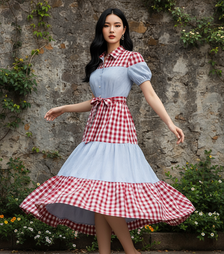 Vestido Casual Cuello Sport y Manga Corta de Tela Cuadro y Cinturón - LIZAPONS