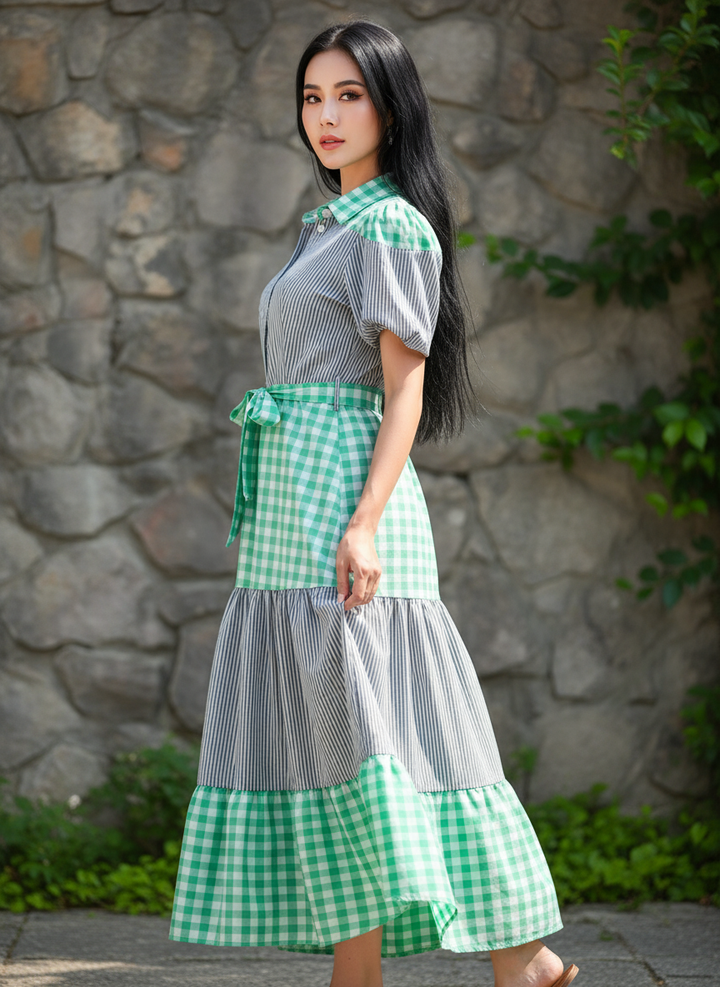 Vestido Casual Cuello Sport y Manga Corta de Tela Cuadro y Cinturón - LIZAPONS