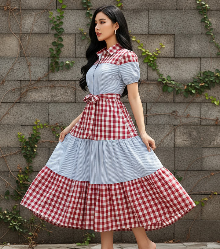 Vestido Casual Cuello Sport y Manga Corta de Tela Cuadro y Cinturón - LIZAPONS