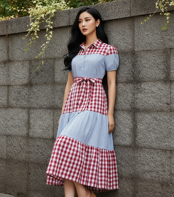 Vestido Casual Cuello Sport y Manga Corta de Tela Cuadro y Cinturón - LIZAPONS