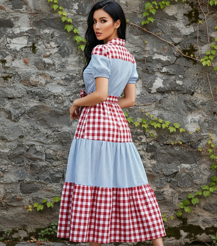 Vestido Casual Cuello Sport y Manga Corta de Tela Cuadro y Cinturón - LIZAPONS