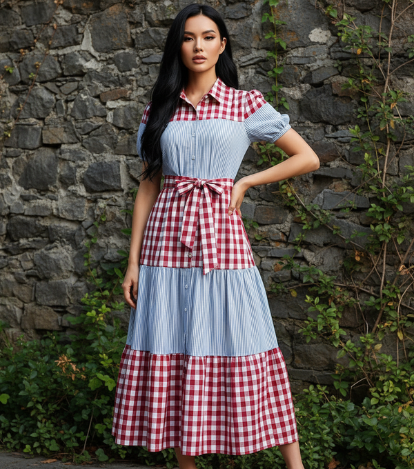 Vestido Casual Cuello Sport y Manga Corta de Tela Cuadro y Cinturón - LIZAPONS