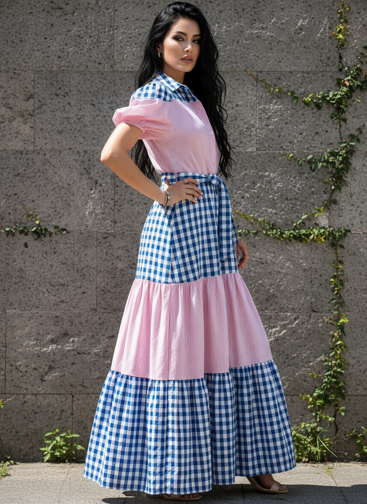 Vestido Casual Cuello Sport y Manga Corta de Tela Cuadro y Cinturón - LIZAPONS