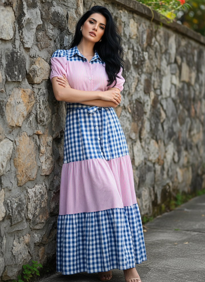 Vestido Casual Cuello Sport y Manga Corta de Tela Cuadro y Cinturón - LIZAPONS