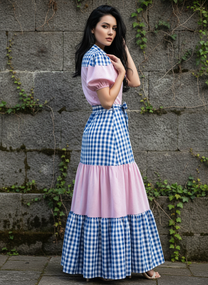 Vestido Casual Cuello Sport y Manga Corta de Tela Cuadro y Cinturón - LIZAPONS