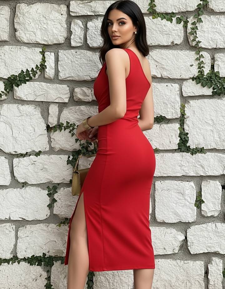 LIZAPONS Vestido Midi Negro Sensual con Corte Asimétrico