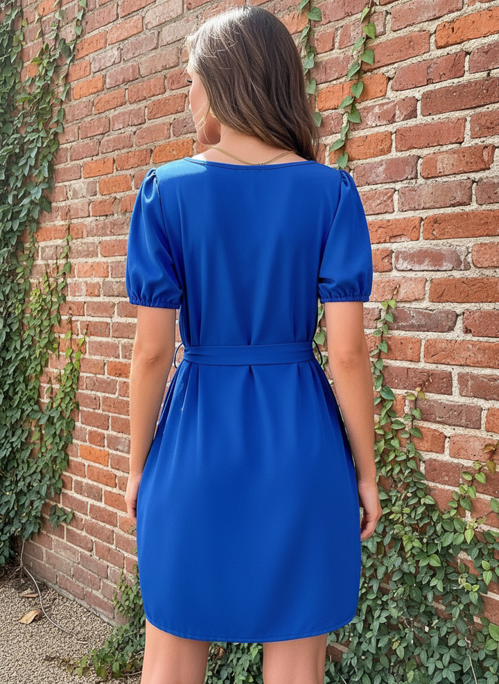 Vestido de Cuello Redondo y Manga Corta con Cinta de Amarre en Cintura - LIZAPONS