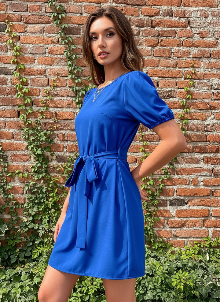 Vestido de Cuello Redondo y Manga Corta con Cinta de Amarre en Cintura - LIZAPONS
