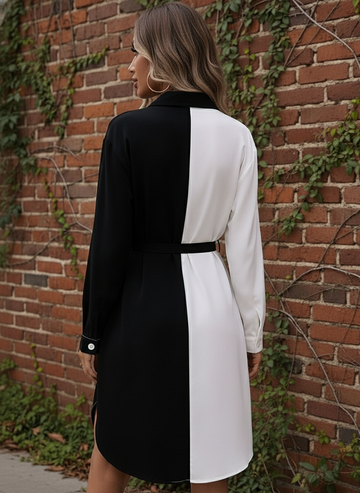 Vestido de Cuello Sport Tipo Camisero de Dos Tonos y Cinta de Amarre - LIZAPONS