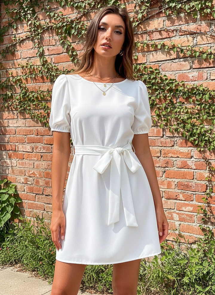 Vestido de Cuello Redondo y Manga Corta con Cinta de Amarre en Cintura - LIZAPONS