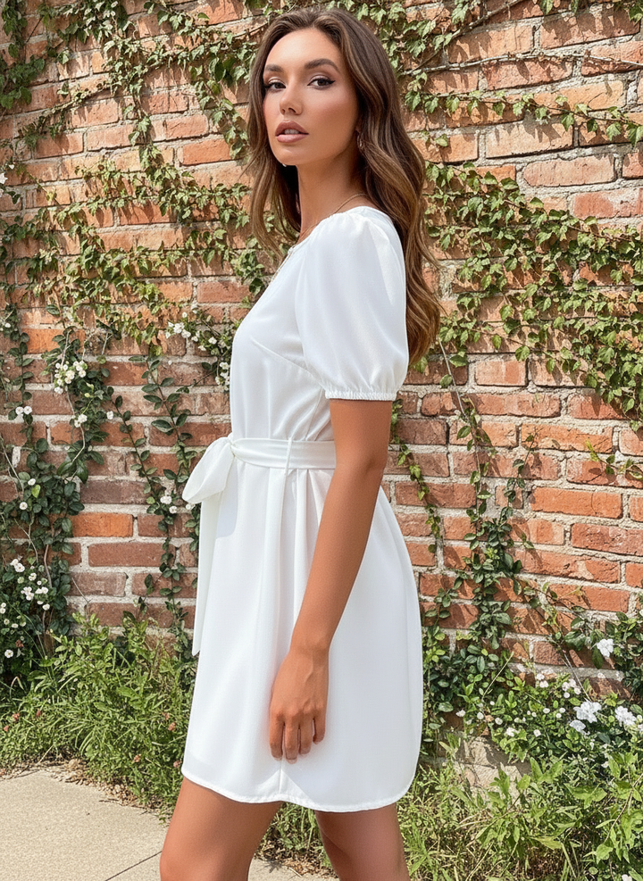 Vestido de Cuello Redondo y Manga Corta con Cinta de Amarre en Cintura - LIZAPONS