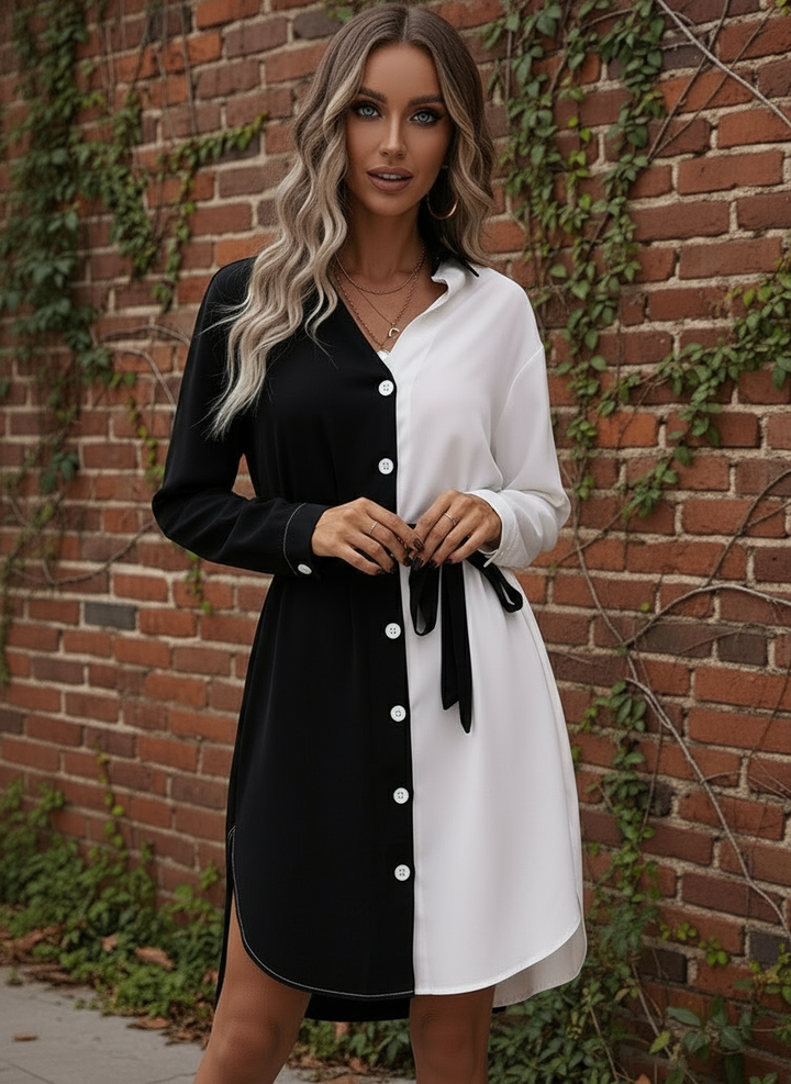 Vestido de Cuello Sport Tipo Camisero de Dos Tonos y Cinta de Amarre - LIZAPONS