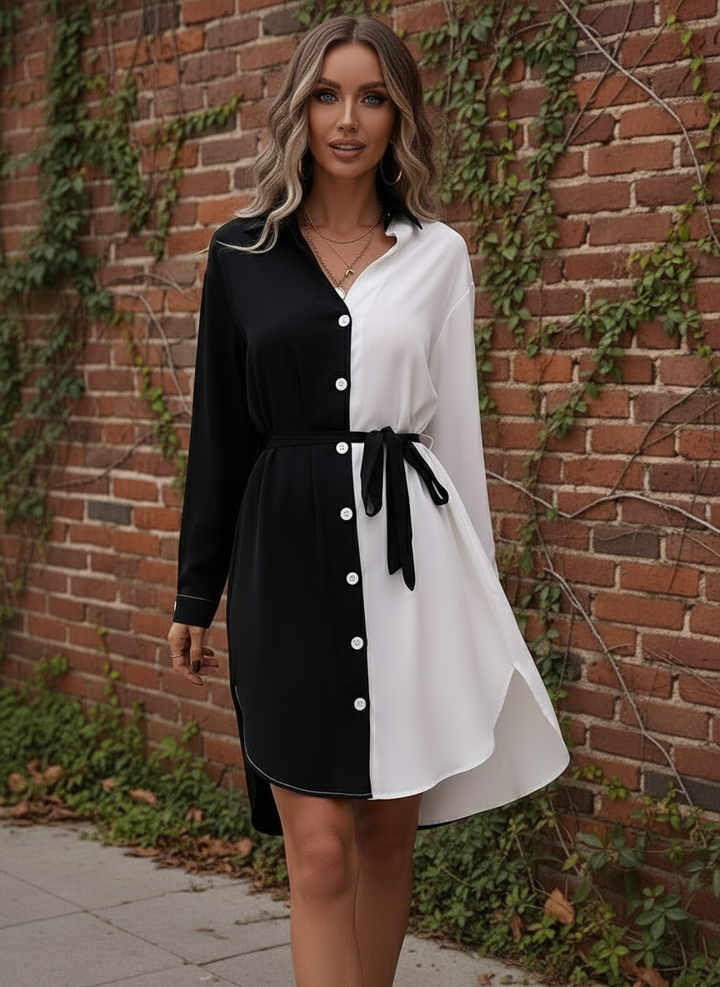 Vestido de Cuello Sport Tipo Camisero de Dos Tonos y Cinta de Amarre - LIZAPONS