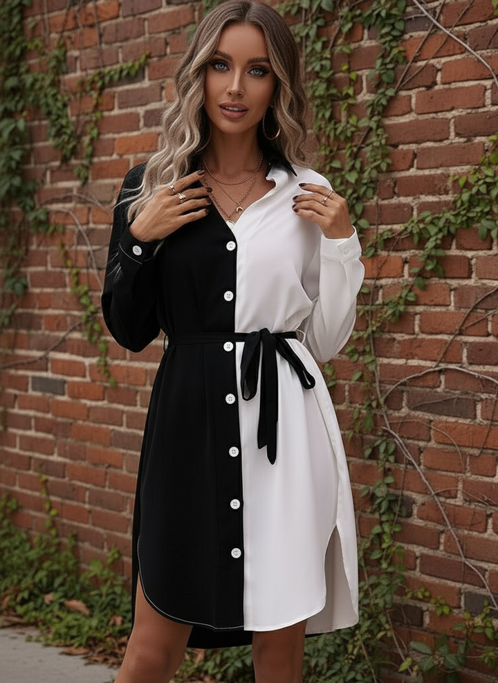 Vestido de Cuello Sport Tipo Camisero de Dos Tonos y Cinta de Amarre - LIZAPONS