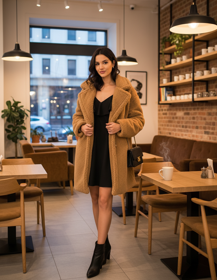 Vestido negro con abrigo teddy camel