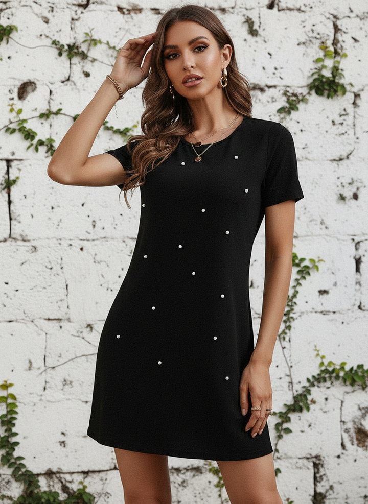 Vestido Cuello Redondo y Manga Corta con Perlas Incrustadas al Frente - LIZAPONS