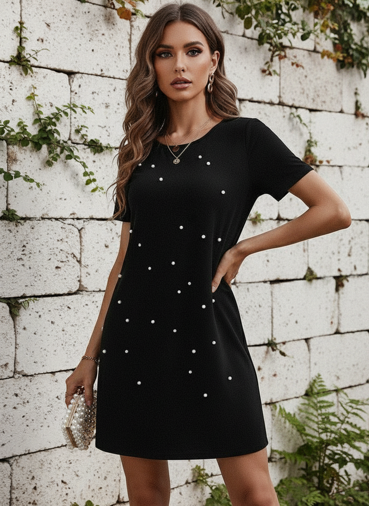 Vestido Cuello Redondo y Manga Corta con Perlas Incrustadas al Frente - LIZAPONS