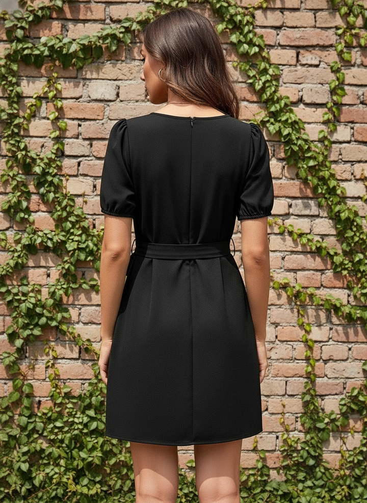 Vestido de Cuello Redondo y Manga Corta con Cinta de Amarre en Cintura - LIZAPONS