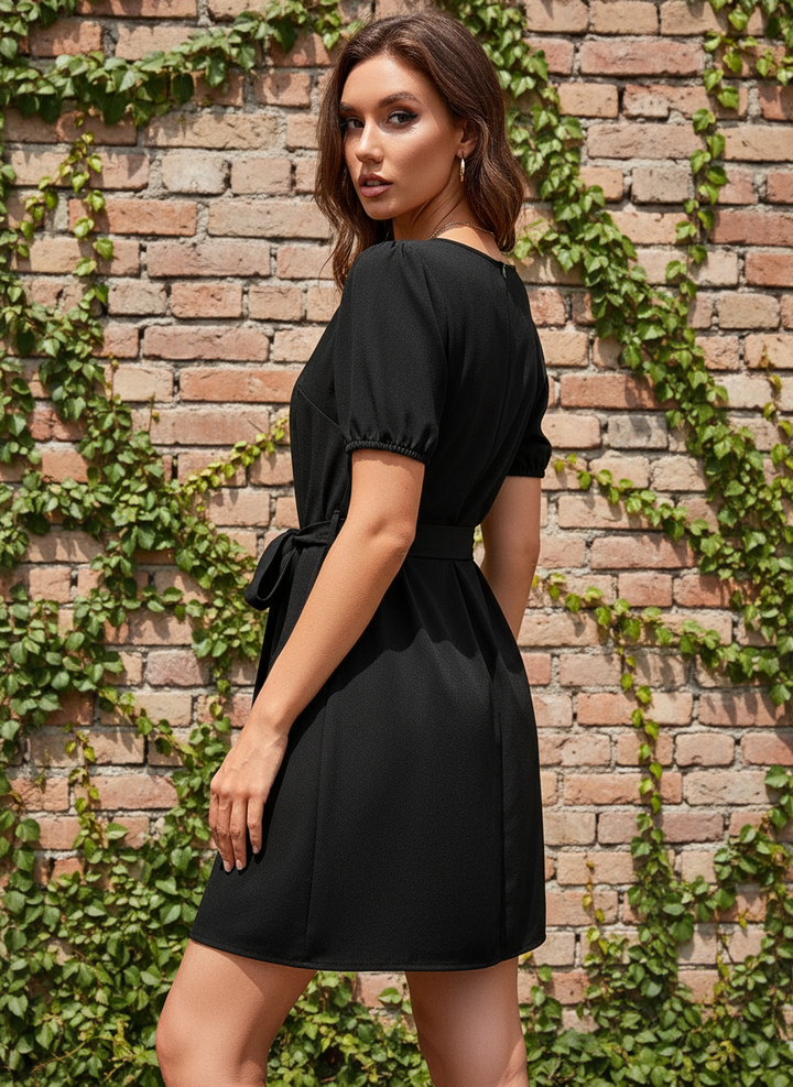 Vestido de Cuello Redondo y Manga Corta con Cinta de Amarre en Cintura - LIZAPONS