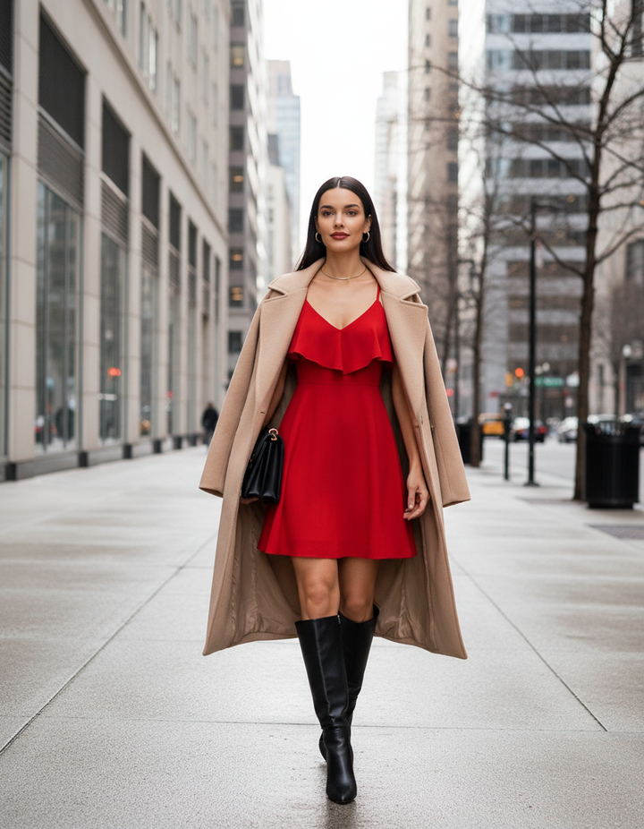 Vestido rojo con abrigo beige