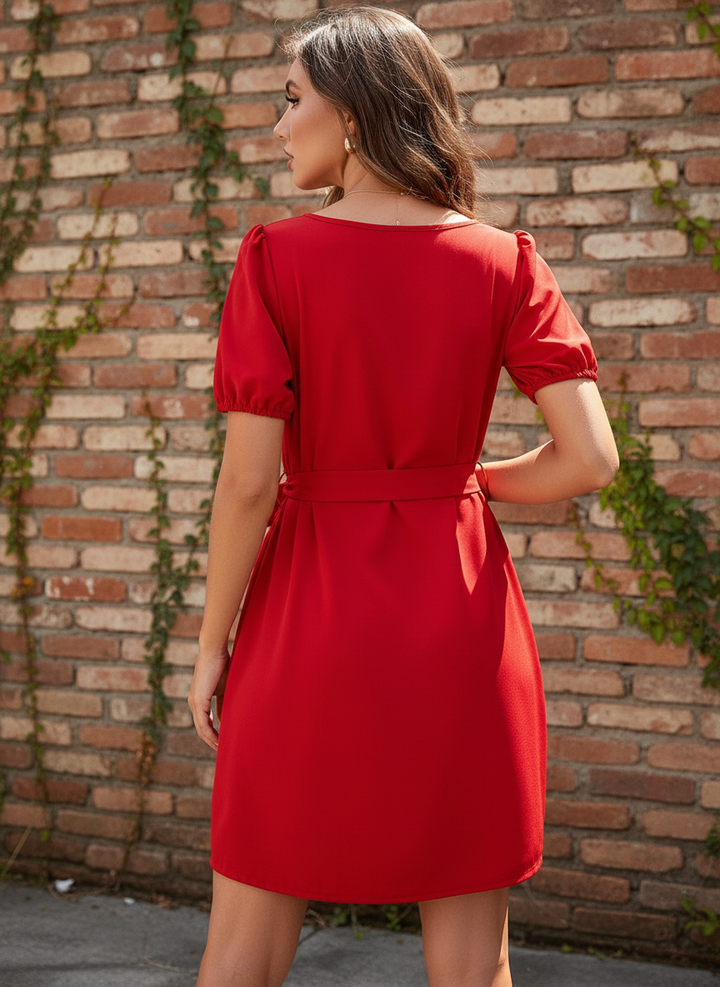 Vestido de Cuello Redondo y Manga Corta con Cinta de Amarre en Cintura - LIZAPONS