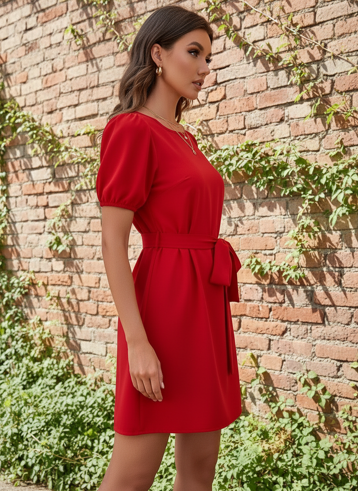Vestido de Cuello Redondo y Manga Corta con Cinta de Amarre en Cintura - LIZAPONS