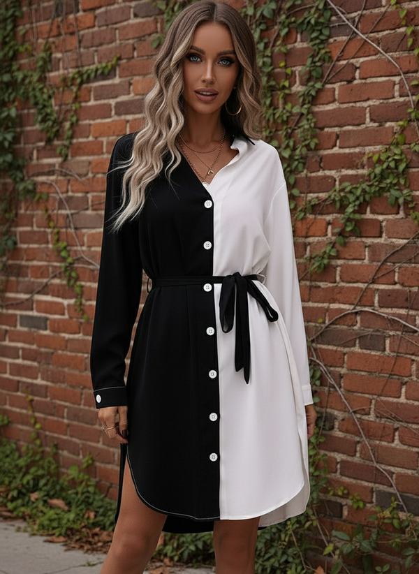 Vestido de Cuello Sport Tipo Camisero de Dos Tonos y Cinta de Amarre - LIZAPONS