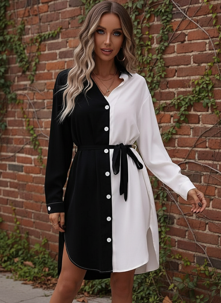 Vestido de Cuello Sport Tipo Camisero de Dos Tonos y Cinta de Amarre - LIZAPONS