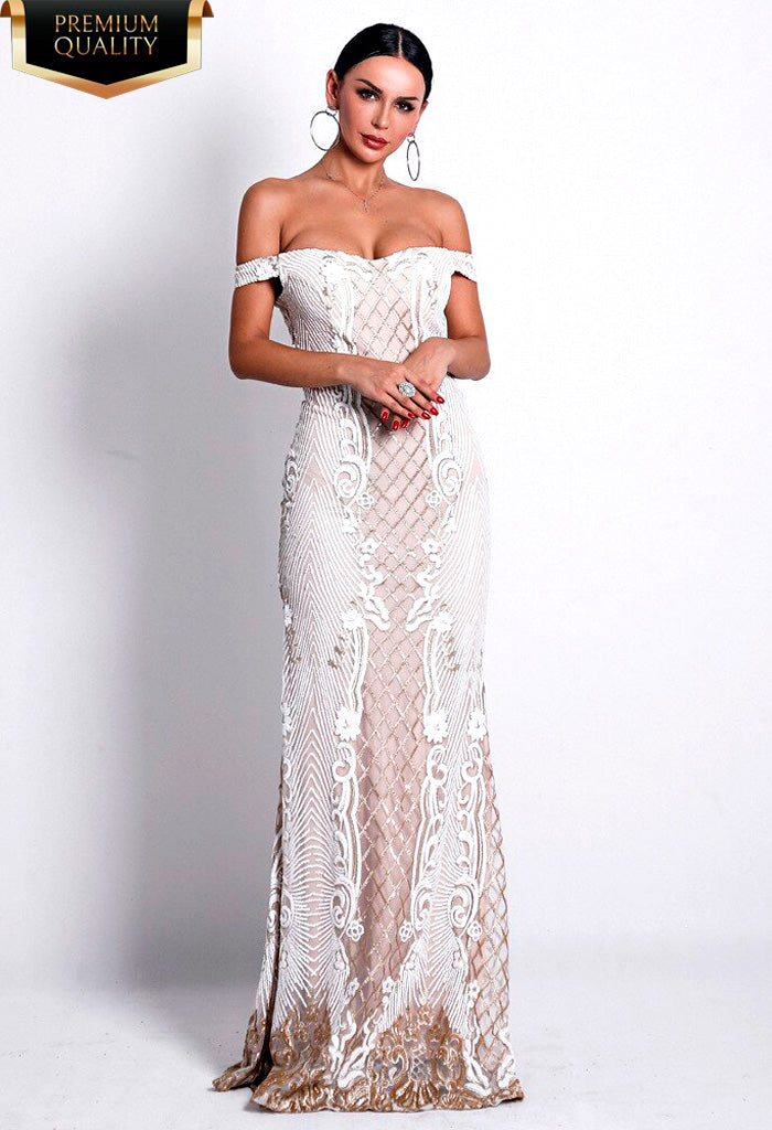 Vestido fiesta largo de lentejuela con apliques de encaje y tul - Liza Pons