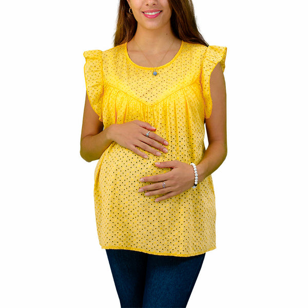 Blusa de maternidad de cuello redondo con escarola en manga y tela bordada - Liza Pons