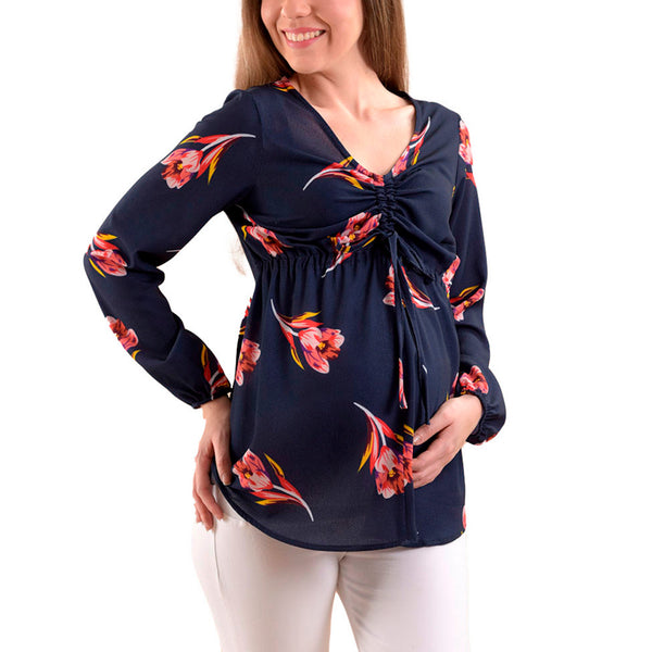 Blusa de maternidad de manga larga y cuello v con jareta ajustable en escote - Liza Pons