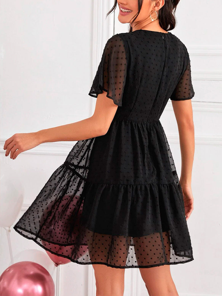 Vestido de manga corta y cuello redondo con forro - Liza Pons