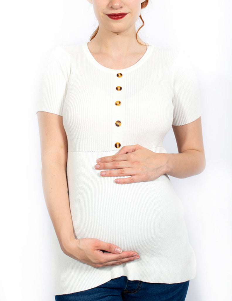 Blusa de maternidad manga corta y cuello redondo simulando aletilla al frente - Liza Pons