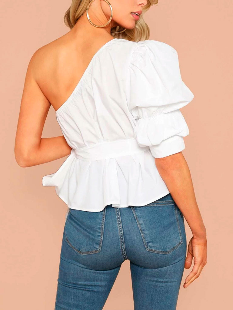 Blusa asimétrica de manga farol y lazo en cintura - Liza Pons