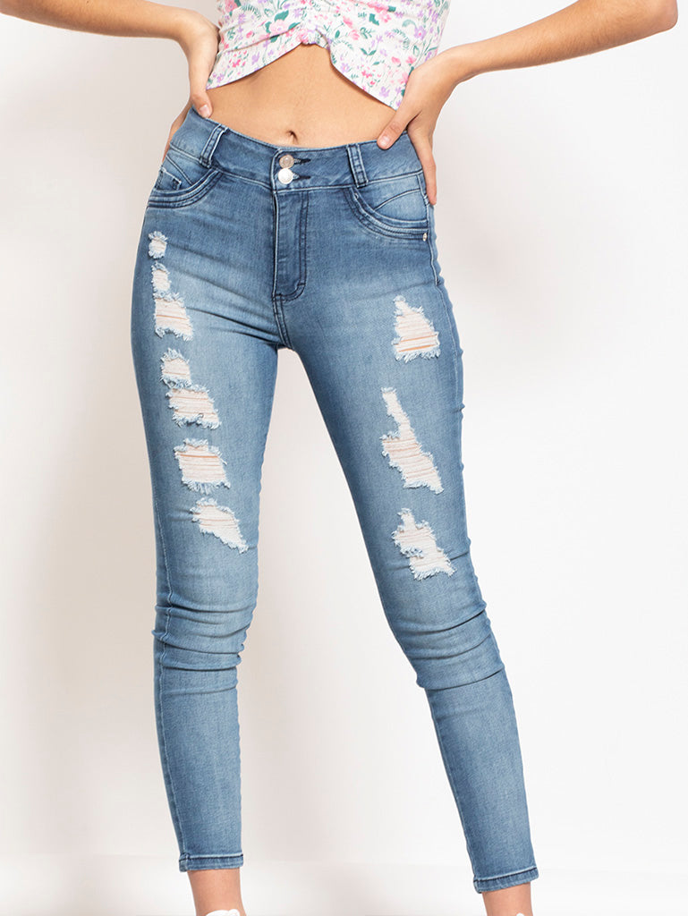 Pantalón de mezclilla de bolsillos en frente y atrás con hendidura en piernas - Liza Pons