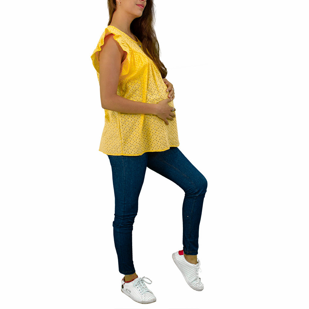 Blusa de maternidad de cuello redondo con escarola en manga y tela bordada - Liza Pons