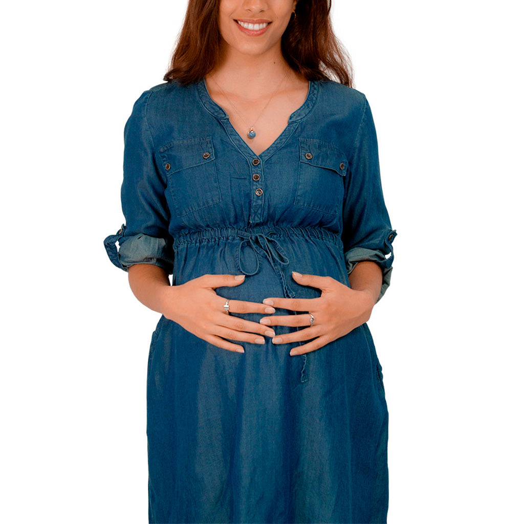 Vestido de maternidad de cuello redondo terminado en v con aletilla y botones - Liza Pons