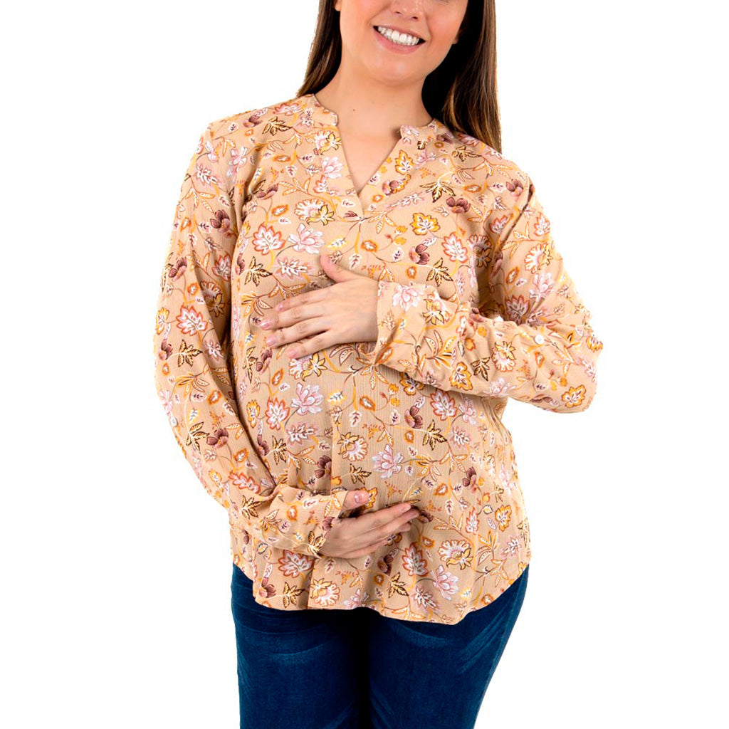 Blusa de maternidad de manga larga y cuello redondo terminado en v - Liza Pons