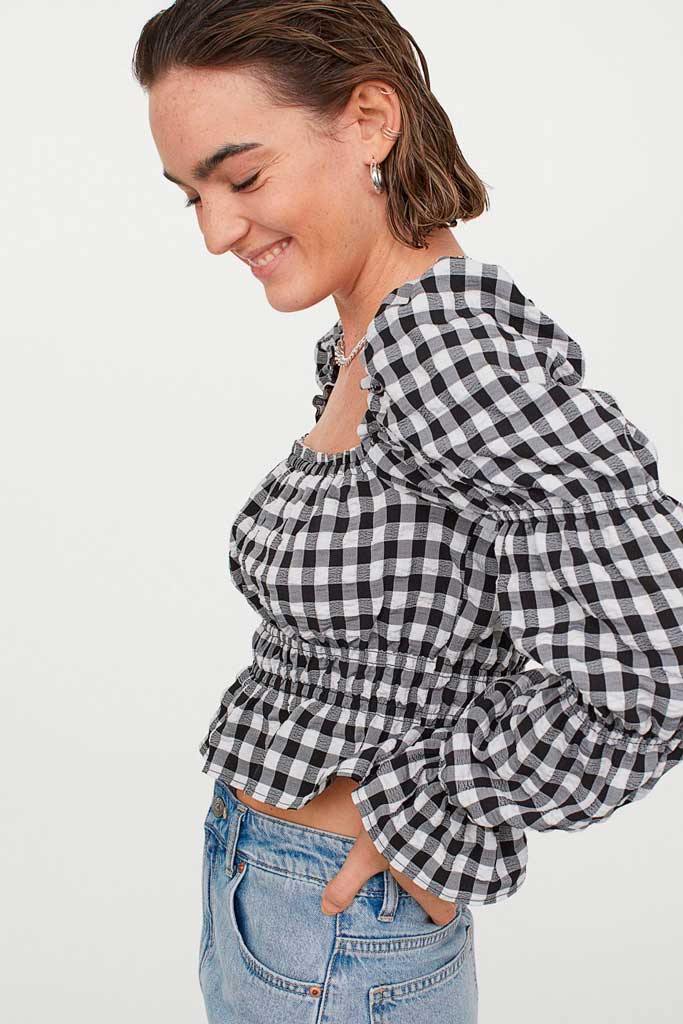 Blusa cuello cuadrado de manga larga moderna con resorte en cintura - Liza Pons