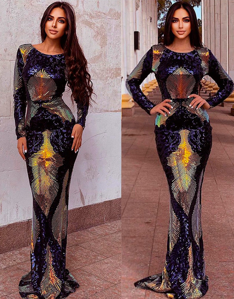 Vestido fiesta largo de cuello redondo y lentejuelas - Liza Pons