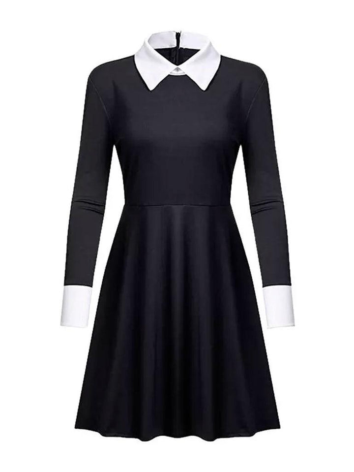 Vestido Casual Skater de Cuello Blanco Merlina Gótico en Contraste - LIZAPONS