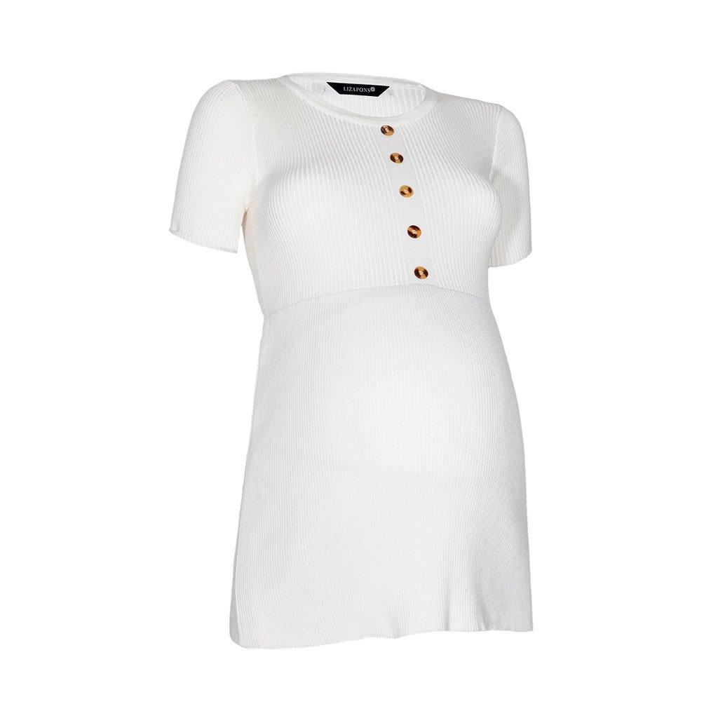Blusa de maternidad manga corta y cuello redondo simulando aletilla al frente - Liza Pons