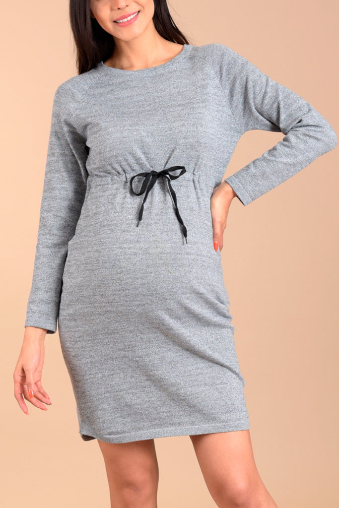 Vestido de maternidad de cuello redondo y manga larga con jareta en cintura - Liza Pons
