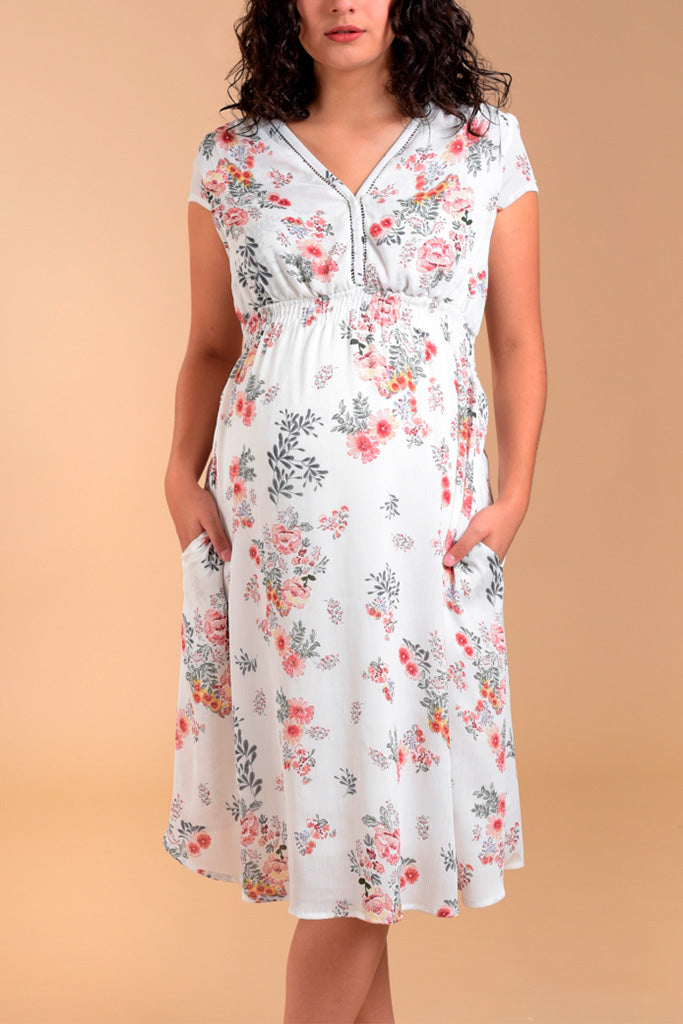 Vestido de maternidad de cuello v y manga corta de corte imperio - Liza Pons