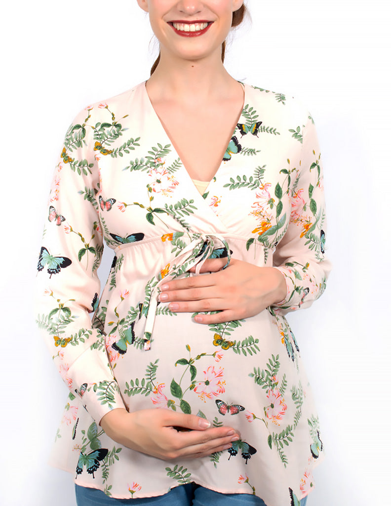 Blusa de maternidad manga larga cruzada al frente de tela estampada - Liza Pons