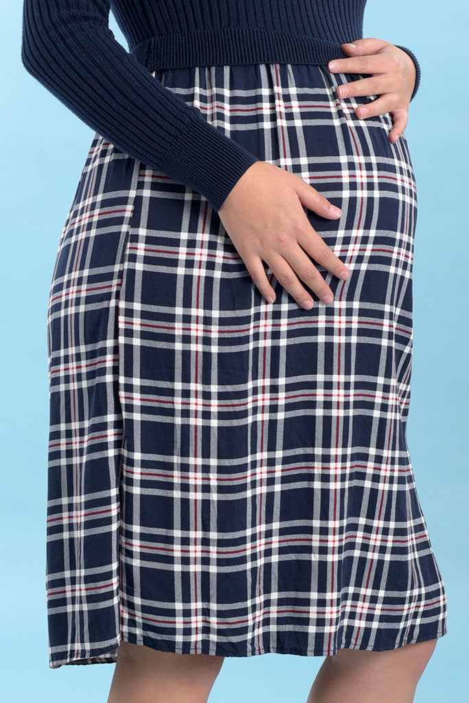 Vestido de maternidad de cuello redondo y manga larga combinado en dos telas - Liza Pons