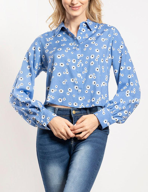Blusa estampada floral de cuello sport y manga larga con botones - LIZAPONS