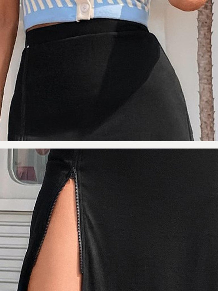 Falda larga de color sólido con abertura al costado y zipper - LIZAPONS