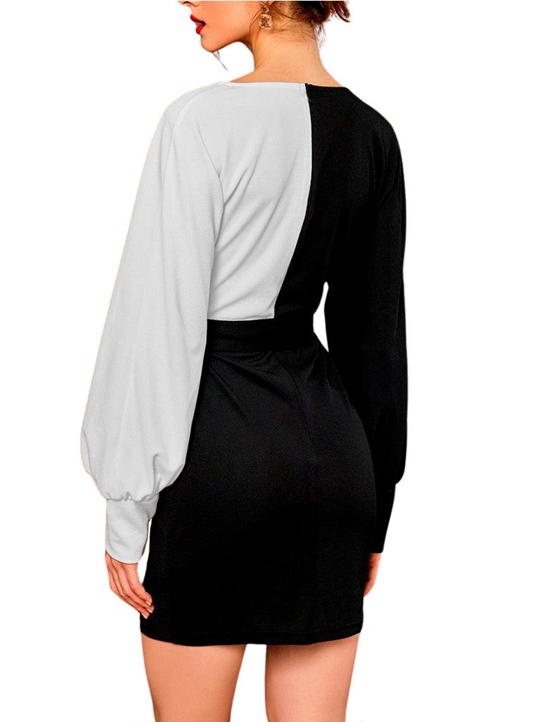 Vestido corto de cuello v bicolor con cinta de amarre en cintura - LIZAPONS
